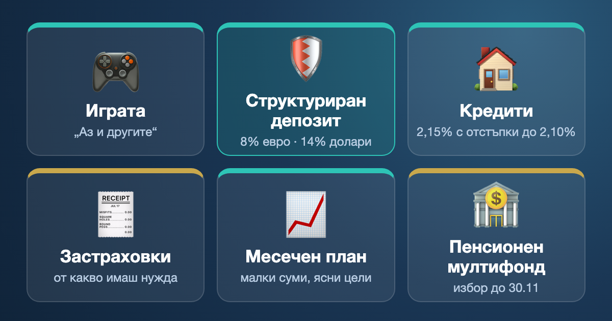 Теми в броя: играта, структуриран депозит, кредити, застраховки, месечен план, пенсионен мултифонд